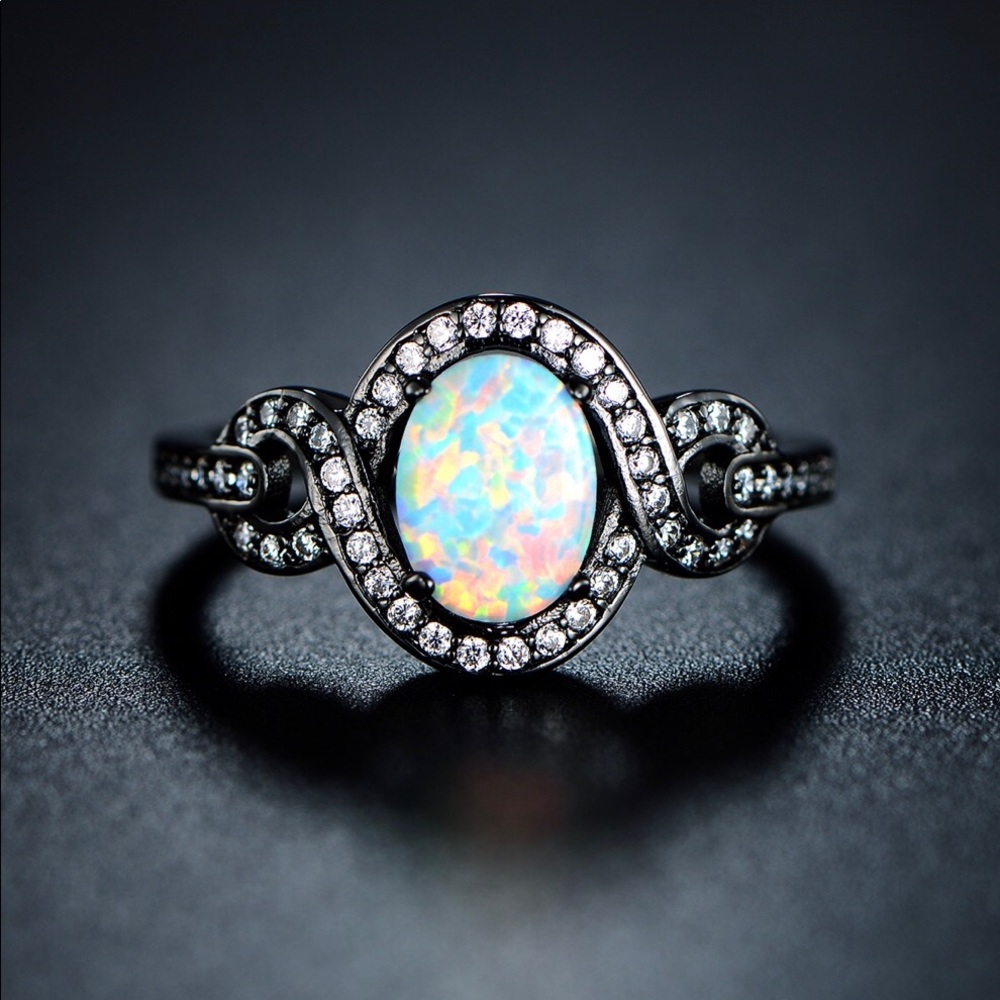 Black Rhodium Opal and Cubic Zirconia Ring size 9